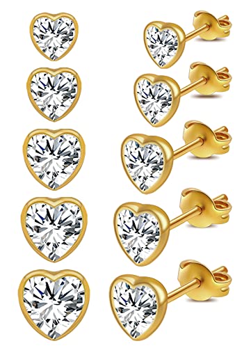 iLovey 18K Gold Stud Earrings Set for Women, 5 Pairs Surgical Steel Hypoallergenic Earrings for Women Men Girls Comfortable Cubic Zirconia Cartilage Piercing Earrings Pack Jewelry Gifts(Love),