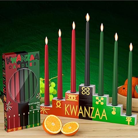 Kenburg Kwanzaa Kinara Set Kwanzaa Candle Holder with Dripless Taper Candles Set 3 Red 3 Green 1 Black Double Sided Wooden Kwanzaa Celebration Decorations Kwanzaa Candle Holders for Table -Trapezoid Cover