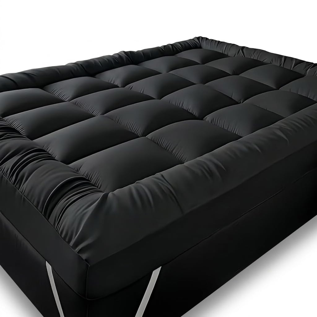 10cm Extra Thick Mattress Topper [Single/Double/King], Ultra Soft Breathable Cooling Bed Topper, Hotel Quality Microfibre Filling, Deep Pocket, Hypoallergenic, Washable (Black, Small Double)