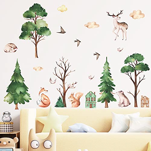 Woodland Nursery Decor Forest Deers Wall Stickers Animal Squirrel Fox Birds Pine Tree Wall Decals Removable Safari Wall Decals For Kids' Room Bedroom Nursery Living Room Classroom #TOP12