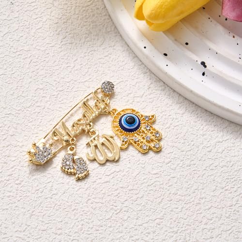 Image of SANDOO AYATUL KURSI Allah Pin - Turkish Evil Eye Pin,Crown Hand Protection Blessing Brooch Amulet with Rhinestone, Muslim Gifts Islamic Jewelry for Women Girls Baby