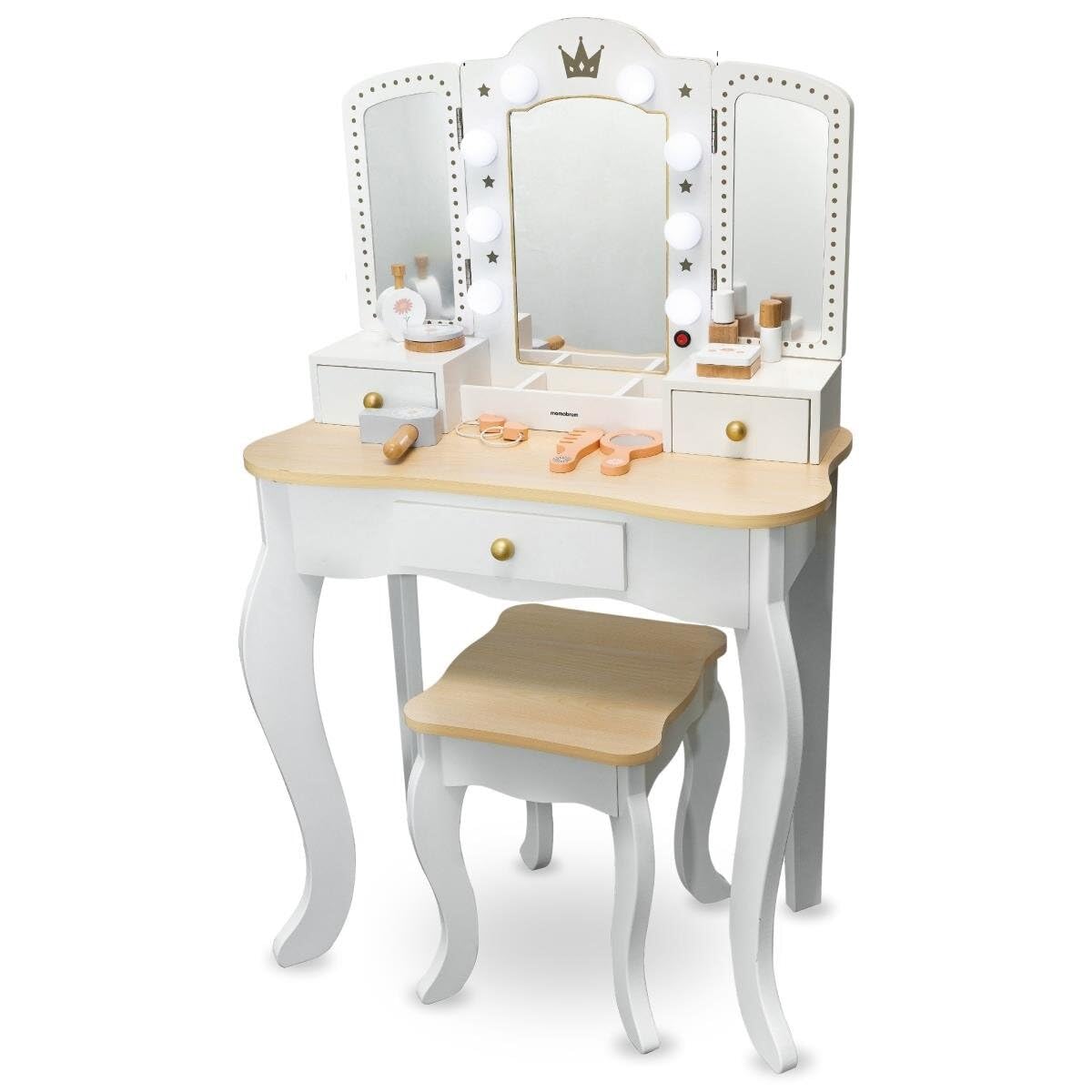 Mamabrum Coiffeuse en Bois pour Enfants 3+, XXL avec Tabouret et éclairage LED, Miroir à 3 Ailes, Grand tiroir, Accessoires, Maquillage de rôle, Structure Solide, Transformable en Bureau