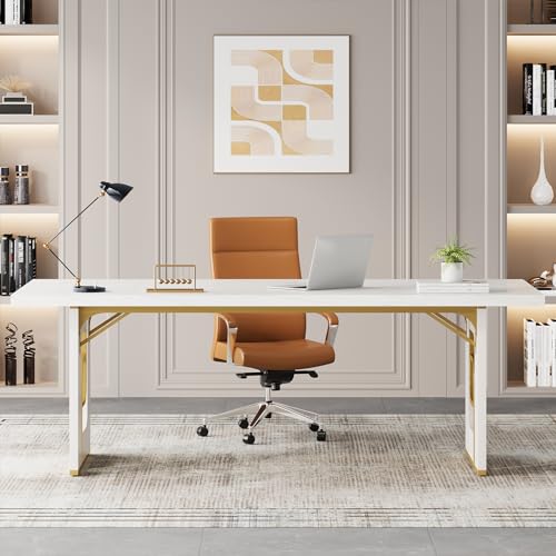 Condemo 71 inch Large Executive Office Desk, Simple Computer Desk Workstation, Modern Study Writing Table, Business Furniture for Home Office, Faux Marble, White and Gold
