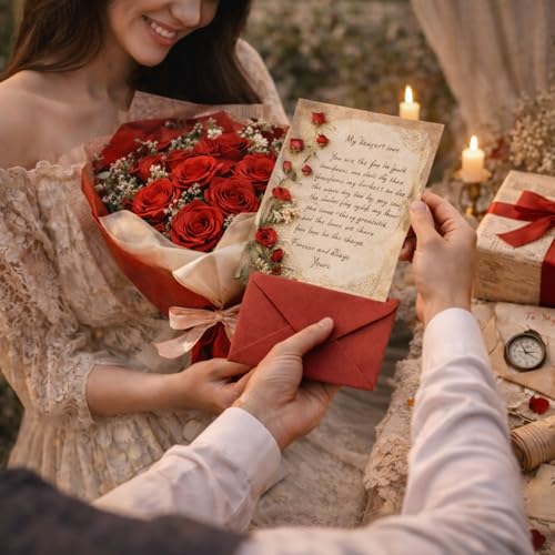 Image of Celebrations Vintage Gift Combo Set With Red & Brown Kraft Paper Envelopes,Vintage Gift Wrapping Sheets & Letters, Perfect for Valentine's Day, Proposals, Wedding Invitations & Festive Gifting