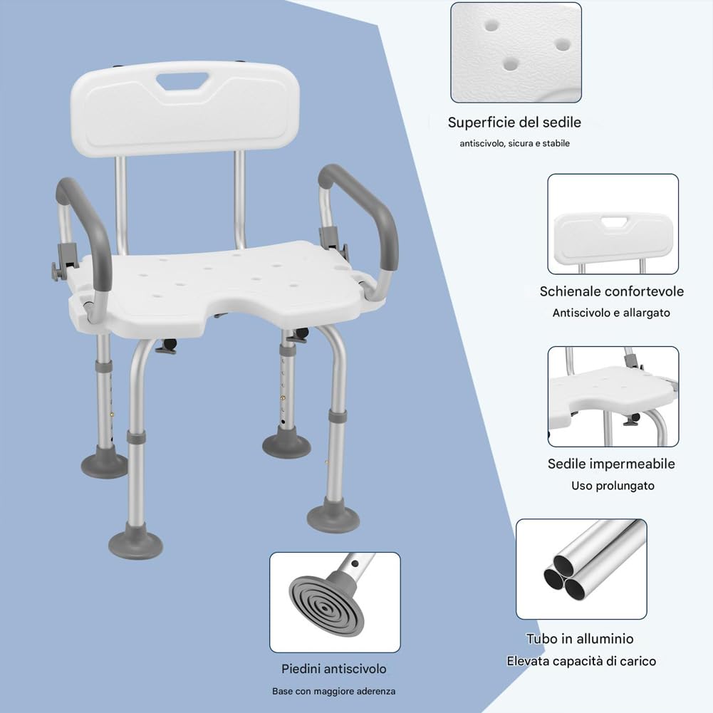 BAKAJI Sedia da Doccia per Anziani, Disabili e Persone con Mobilità Ridotta, Sedile in HDPE e Struttura in Alluminio Resistente, Sgabello da Bagno Altezza Regolabile 70-83cm e Piedi Antiscivolo