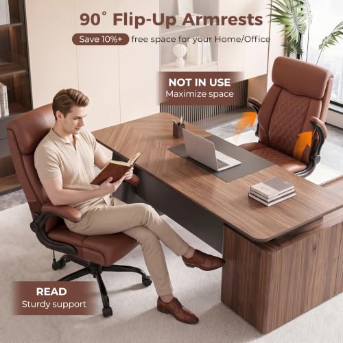 Image of Ergonomic Office Chair with Lumbar Support, Executive Leather Computer Desk Chair with Flip Up Arms & Rocking Function, High Back Big and Tall Comfortable Gaming Chair for Home Office