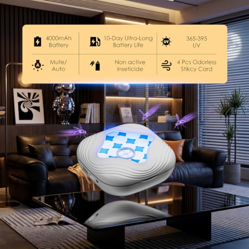 Image of Flying Trap Insect, 2 in 1 Portable Fruit Fly Trap 4000 mAh, 1 Trap wihte and 4 Glue Cards, Fruit Fly Traps for Gnat, Moth, Mosquito, Suitable for Home, Outside,Patio,Backyard,Camping