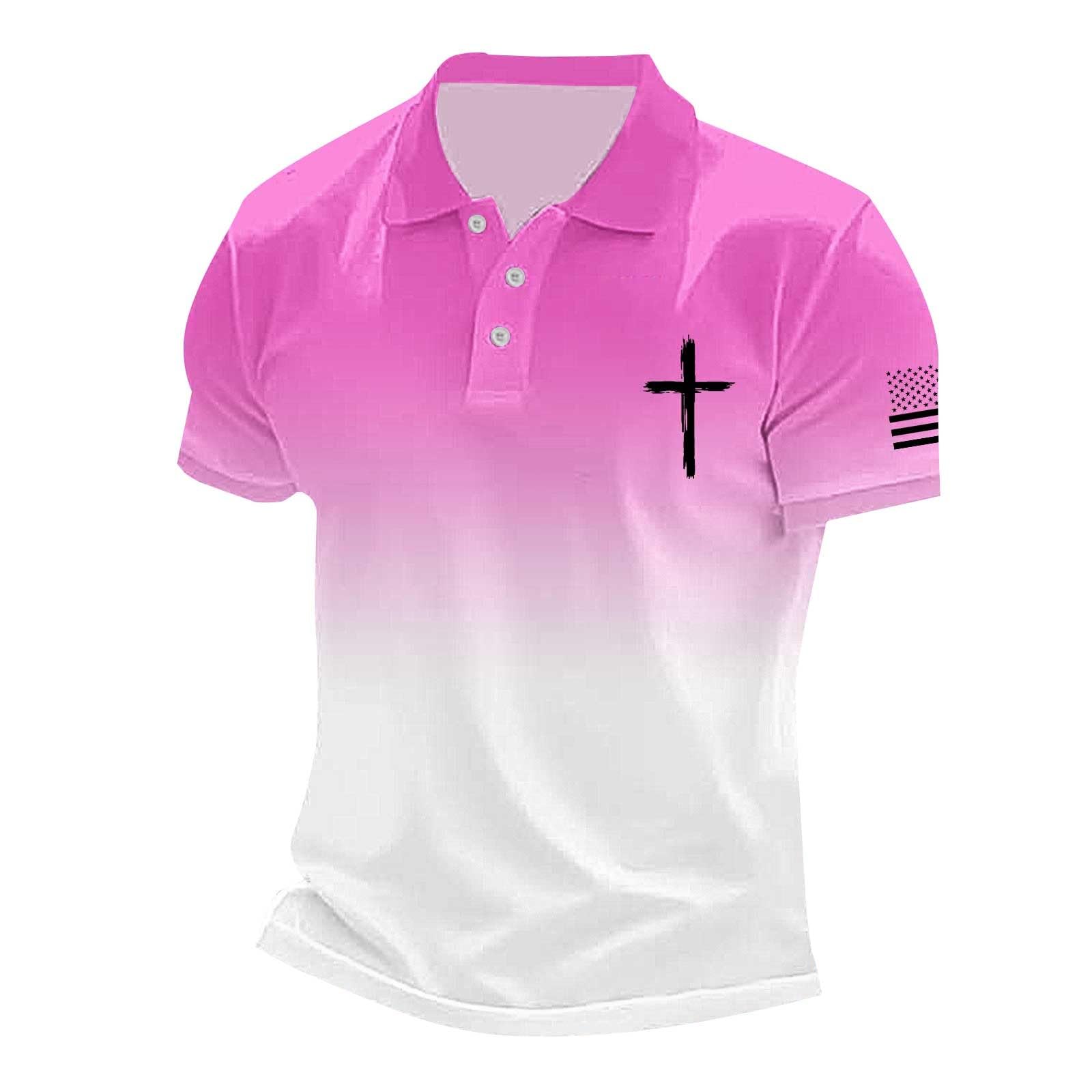 Christian Polo Shirts for Men Casual Active Performance Golf Shirt Cross Print Short Sleeve Breathable Collared Tee Tops, Z01-Pink, 3XL