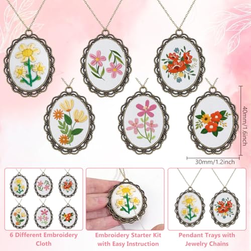 Image of INFUNLY 6 Set Vintage Embroiderys Pendant Kit with Chain Flower Embroidery Stitching Necklace Mini Embroidery Stitch Kit with Hoop Instructions for Adults Beginners Art Gifts Sewing Hanging