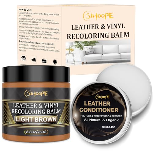 SIHOOPE 250g Reparador para Cuero con 100ml Cuidado, Kit de Reparación Marrón Claro - Líquido Reparador, Quita Arañazos en Asientos de Coche, Sofás, Zapatos, Bolsos y Chaquetas