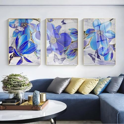 Tableau triptyque fleur bleue 70x100 cm pour salon moderne