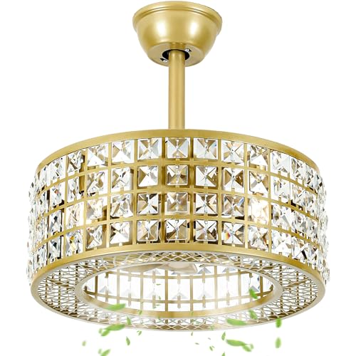 DWVO 18" Crystal Caged Ceiling Fans with Lights Enclosed Modern Ceiling Fan with Remote Control Reversible Industrial Fandelier Chandelier 3 Speeds,3 Color Temperatures for Bedroom, Indoor (Gold)