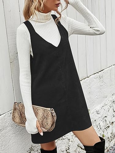Koinshha Women V Neck Corduroy Overall Dress Casual Loose Short Pinafore Dresses Cute Mini Jumper Dress3