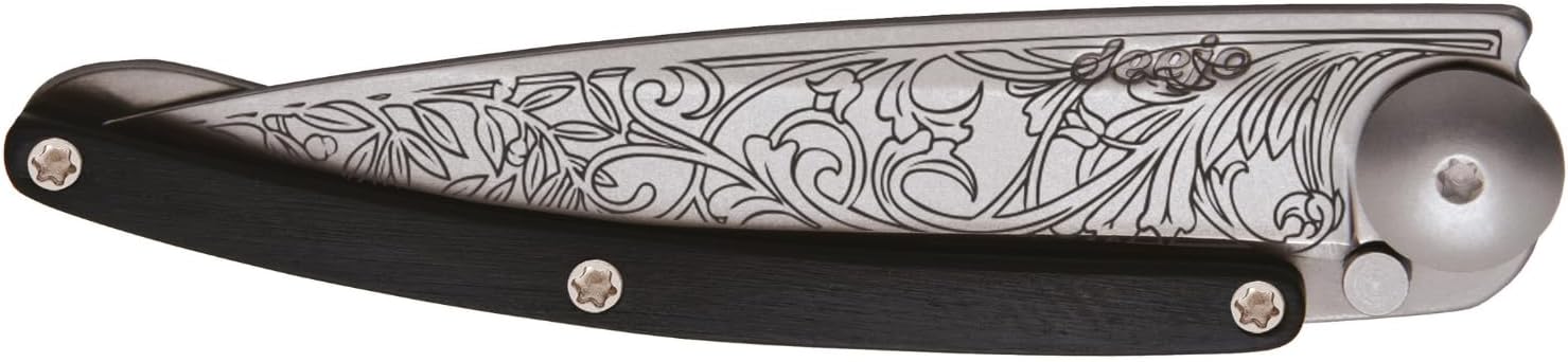 deejo - 27G Folding Pocket Knife with Belt Clip - Art Nouveau Design, 2.95-Inch Stainless Steel Blade, Ebony Wood Handle - Lightweight Everyday Carry for Home, Work, and Outdoor Use