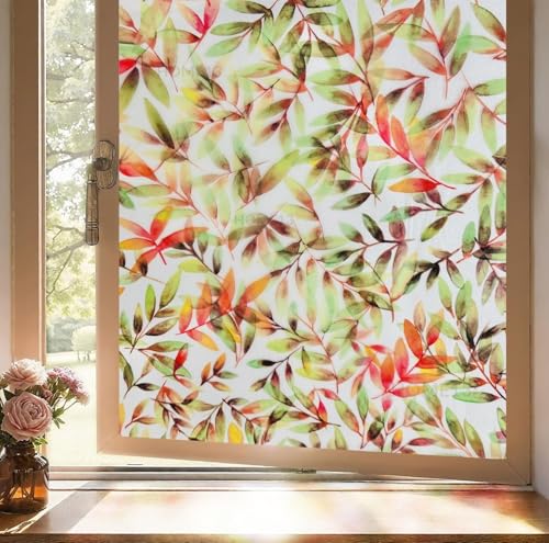 Image of HOME13 Window Privacy Film Frosted Glass Film Decorative Window Sticker Removable Window Film Home Office Privacy Film Window Coverings (Rowan Leafs, 2 Feet by 15 Feet)