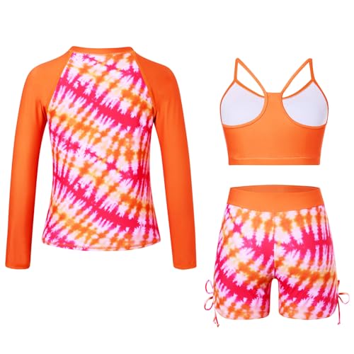 Image of Funnycokid Girls Swimsuit 3 Pieces Zip Rash Guard Bathing Suits Set Kids Bikini Boyshort Summer Swimwear 3-14 Years