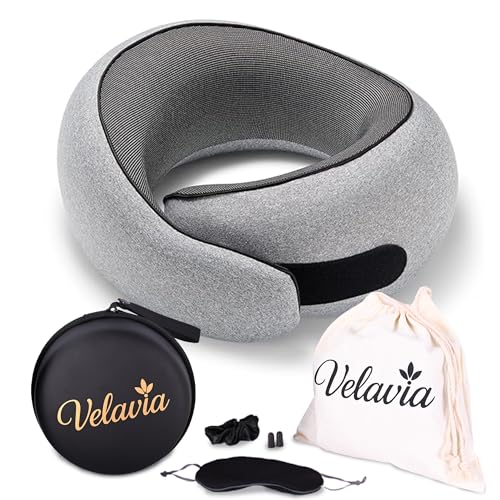 Image of Travel Neck Pillow,Ergonomic 360 Memory Foam Support for Head, Neck. Adjustable for Long Flights. Soft &Washable Cover, EVA Box, 3D Eye Mask, Earplugs, Hair Tie & Luxury Bag (Grey)