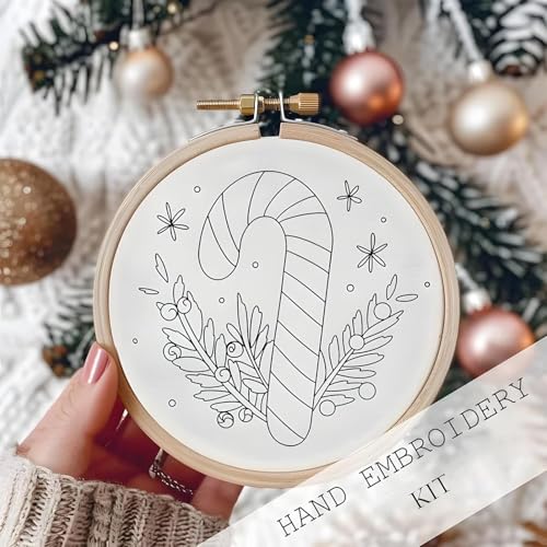 Image of UQRUI Christmas Embroidery Kits for Adults BeginnersEmbroidery Patterns, Ornament Embroidery Kit,Cross Stitch Kits (Candy Cane)