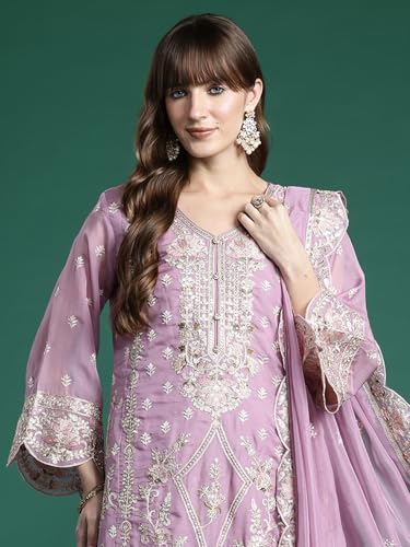 Image of INDO ERA Women's Straight Organza Ethnic Motifs Embroidered Kurta and Pant with Dupatta Set (KH9PH10614)