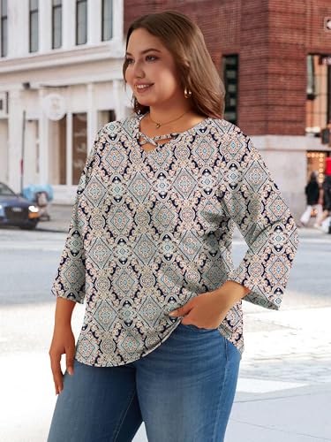 Chulianyouhuo Women's Plus Size Tops 3/4 Sleeve Criss Cross T Shirts V Neck Loose Fit Tee Tunic Casual Blouse 1X-5X4