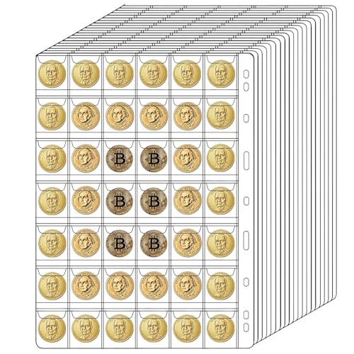 840 Pockets Coin Pages, 20 Sheets Pocket Inserts Collecting Sleeves for Coin, Coins Collection Storage Supplies, Coin Collection Pocket Pages for Penny, Dime, Cent, Quarter (42 Pockets)