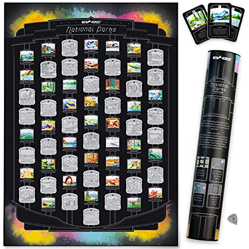 Newverest US National Parks Scratch-off Poster, Detailed National Parks Map with Hand-Painted Images, Fits 17 x 24 Inch Frames, Includes Info Cards, Microfiber Cloth, Scratch Tool, and Gift Tube