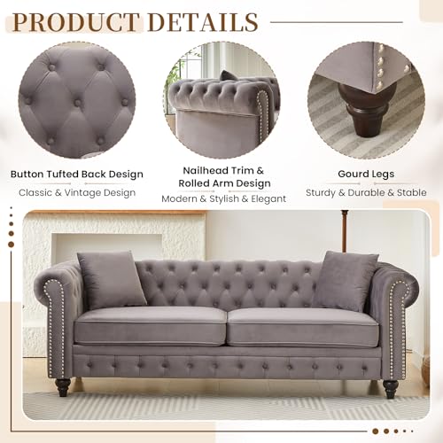 Image of 2 Piece Living Room Sofa Set, Velvet Button Tufted Couch and Loveseat Set with Nailhead Trim&Roll Armrests, Mid Century Modern Chesterfield Sofa for Living Room, Office(Loveseat+3 Seater, Light Grey)