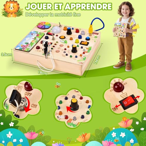 Fwiull Busy Board Jouet Montessori 1 an,Jouet Enfant en Bois à Partir de 2 Ans,Planche Busy Board Montessori pour Les 1 2 3 Ans,Activity Board avec 29 LED Jouets Sensoriel Parcours Motricité bébé – Image 5