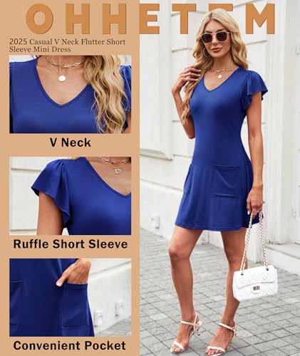 Image of Summer Dresses for Women 2025 Casual V Neck Flutter Short Sleeve Mini Dress Beach T Shirt Sundress with Pockets