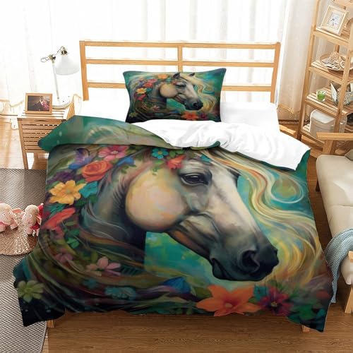 Parure de lit fleurs et chevaux en microfibre supérieure avec zip invisible - 3