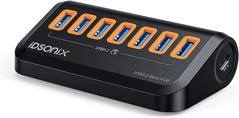 iDsonix USB 3.0 Hub 7 Port, 5V / 3A Powered Electronic Charging Hub, 1.6ft 5Gbps Type C to USB 3.0 Hub with a USB C to USB Adapter for Laptop, iMac, Surface Pro, XPS, USB Flash Drives, Mobile HDD