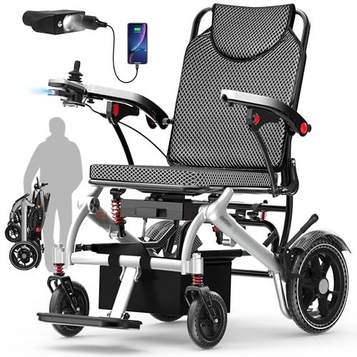 Electric Wheelchairs for Adults Foldable 36LBS Lightweight, 15 Miles Travel Range, Max Support 350 LBS, 500W Brushless Motors with LED Light, Airline Approval-Full Silver Color with New Armrests