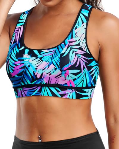 Image of Holipick Women's Sports Bra Bikini Tops Racerback Swim Top Scoop Neck Bathing Suits Top Modest Padded Crop Tops Swimsuit Only