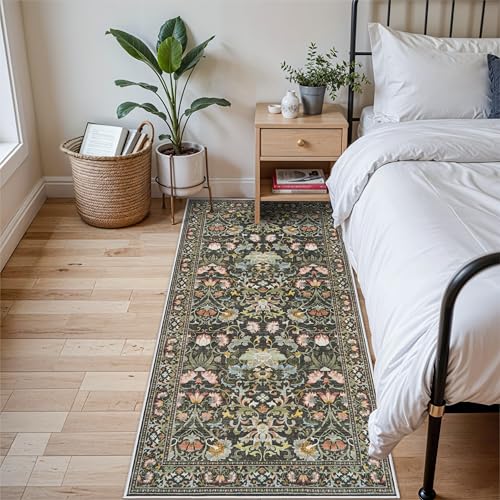 3x6 Washable Hallway Area Rugs: Vintage Floral Entryway Kitchen Runner Rug Ultra Soft Anti-Slip Beside Carpet Indoor Farmhouse Floor Mat for Bathroom Living Room Bedroom Durable Doormat(3x6,Green)