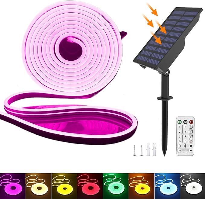 KISUFU Solar Energy Neon LED Ribbon, 24V Neon LED Strip Light IP65 Waterproof Silicone with 1.5w Solar Rechargeable Wall Mount USB Controller for Garden, Outdoor Yard Party Decoration