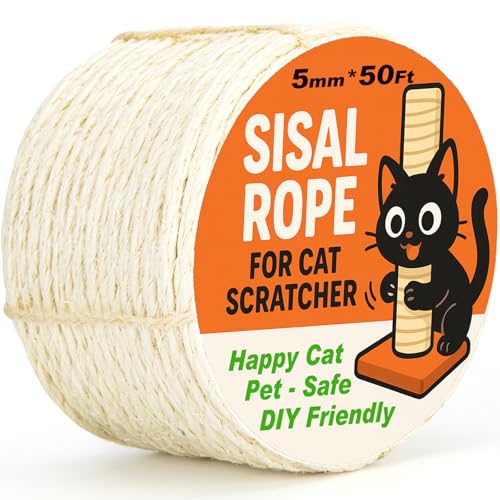 Natural Sisal Rope for Cat Scratcher Tree Thick 5-mm 1/5 Inch by 50 Feet Cat Tower Climbing Twine for Cat Scratching Post Replacement Scratch Post Repairing Replace Recovering and DIY White