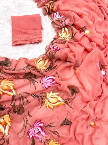 Image of Arkia Women's Floral Hand Embroidered Hand Painted Saree with Blouse Piece