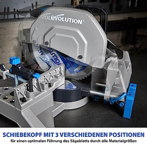 Evolution Gehrungssäge / Kappsäge S355MCS | 2,200 W Zug-Kapp-Gehrungssäge | Inkl. Ø 355 mm HM-Sägeblatt zum Schneiden von Baustahl | +/- 46˚ Gehrung, 3 Spannvorrichtungen, Metallsäge Elektrisch Säge