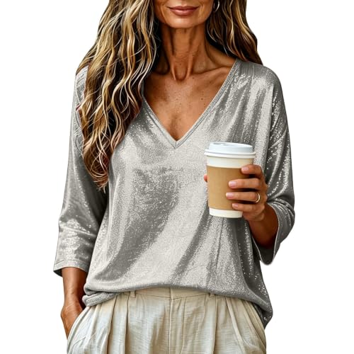 Glittery Tops Sparkly Tops for Women Party Night 3/4 Sleeve V Neck Glitter Sequin Top New Years Eve Glitter Outfits Women Camisas Oversize Mujer Dresly Capsule Wardrobe Silver - image 5