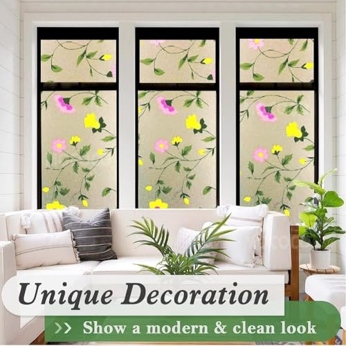 Image of MOCOCO Premium Vinyl Privacy Stained Window Glass Sticker (12x25 Inch) - Self-Adhesive Decorative Film Opaque Sheet Tint Wallpaper for Glass Cover Window, Door, Office.| Anti-UV. Pink Yellow Flowers