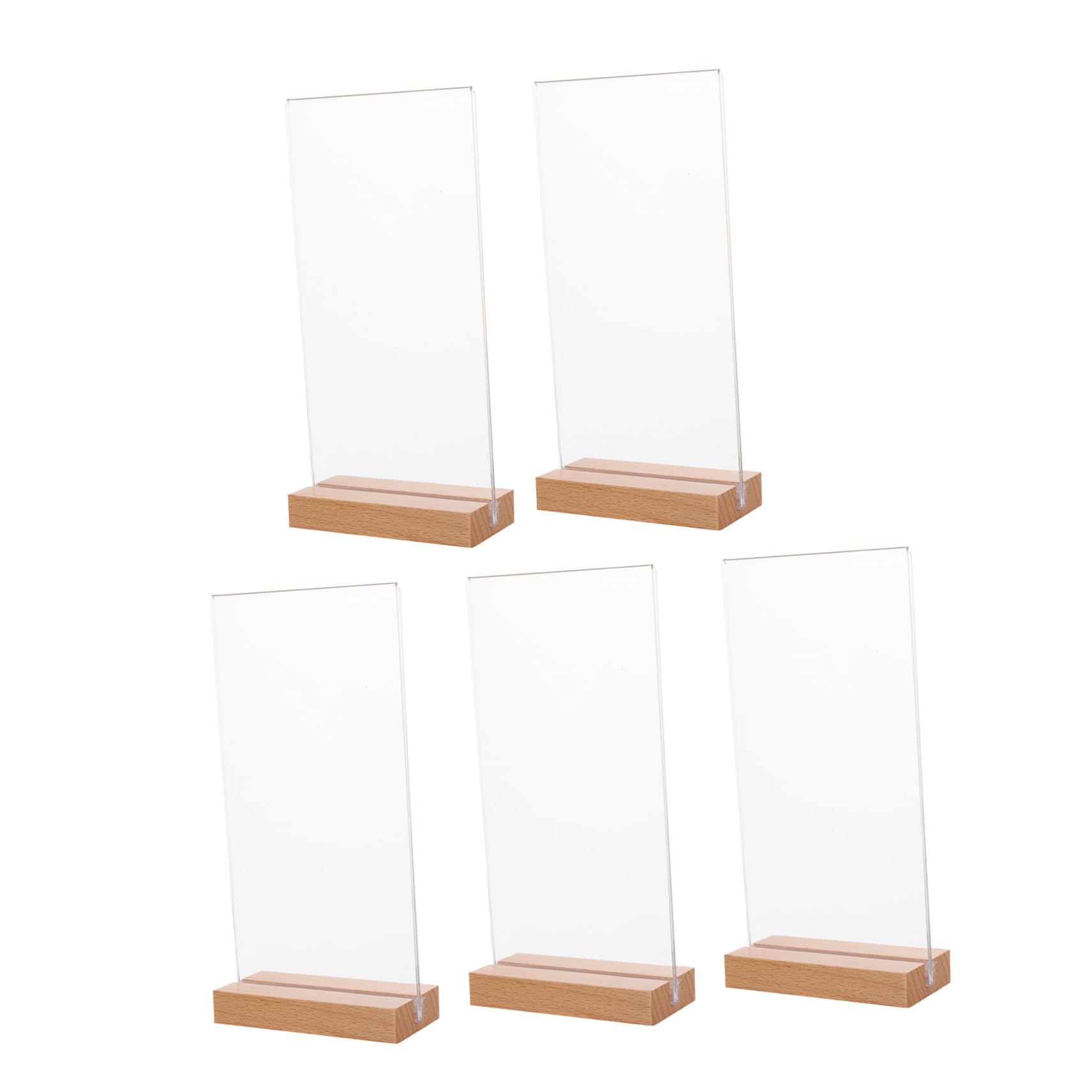 5 Piezas Soporte Acrílico Transparente para Carteles con Base de Madera Exhibidor de Menús Doble Cara para Restaurante Oficina y Bodas de Vertical