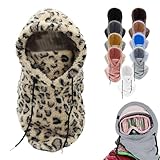 hoehew Máscara de esquí con capucha de sherpa para mujer y Wen, máscara facial de invierno resistente al viento, cubierta de forro polar, gorra, bufanda, Leopardo, talla única