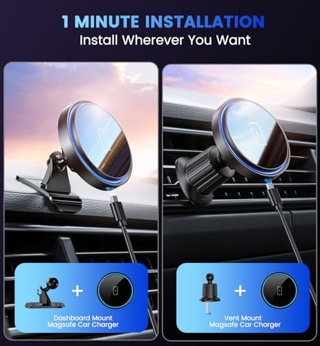 Mag-Safe Car Mount Charger 15W Magnetic Wireless Car Charger for iPhone 17 Accessories Magnetic Phone Holder for Car 3 in 1 Mag Safe Car Mount for iPhone17Pro/16/15/14/13/12 Series Gifts for Men Women