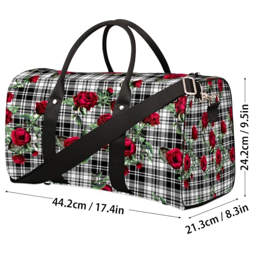 Rose Flower Plaid Travel Duffel Bag, Buffalo Plaid Sports Tote Gym Bag, Foldable Weekender Overnight Bag, Luggage Handle Bag for Women Men4