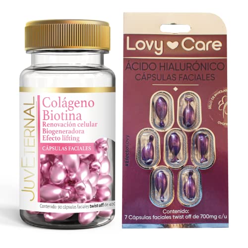 Juveternal Lovy Care Duo Cápsulas Faciales Colágeno Biotina de 90 cáps Cápsulas Faciales Ácido Hialurónico de 7 cáps Efecto Lifting Desvanece líneas de...