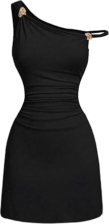 HOMEYEE Women Fitted Pleated Metal Buckle Club Outfits Twist Knot Off Shoulder Sleeveless Mini Dress