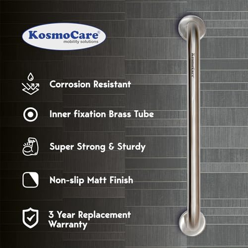 Image of KosmoCare 304 Grade Stainless Steel Grab Bar, Wall Mounted Safety Straight Grab Bar for Bathroom | Grab Bars for Toilet Senior Citizens | Toilet Grab bar for Elderly (25 mm Diameter X 16-inch Length)