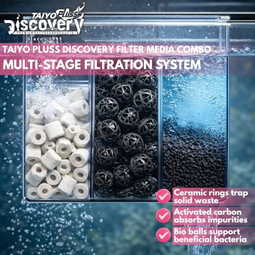 Image of Taiyo Pluss Discovery Filter Media Combo - 150 g Ceramic Rings + 150 g Activated Carbon + 15 pcs Bio Balls + Free NET Bags | 3 in 1 Bio Sponge Media for Clear Water & Healthy Aquarium Fish Tank