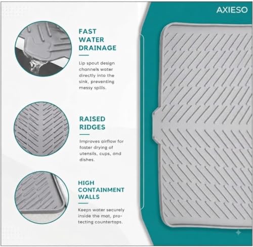 Image of AXIESO Silicone Dish Drying Mat for Kitchen - Built-in Drain Lip | Hygienic Drying Pad - Sturdy Compact Easy to Clean Tray Protects Surfaces Prevents Water Build Up (Gray 40*30 CM)