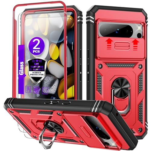 YmhxcY for Pixel 8 Pro Case with Camera Cover Slider, 2*Tempered Glass Screen Protectors,Build in 360°Rotating Ring Kickstand, Military Grade Protective Case for Pixel 8 Pro 6.7"-Red/Black